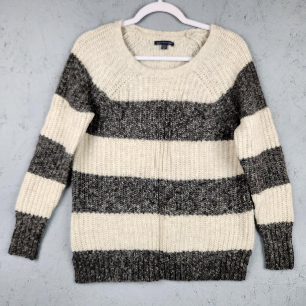 American Eagle Outfitters Sweater Womens Medium Gray Cream Striped Chunky Knit
